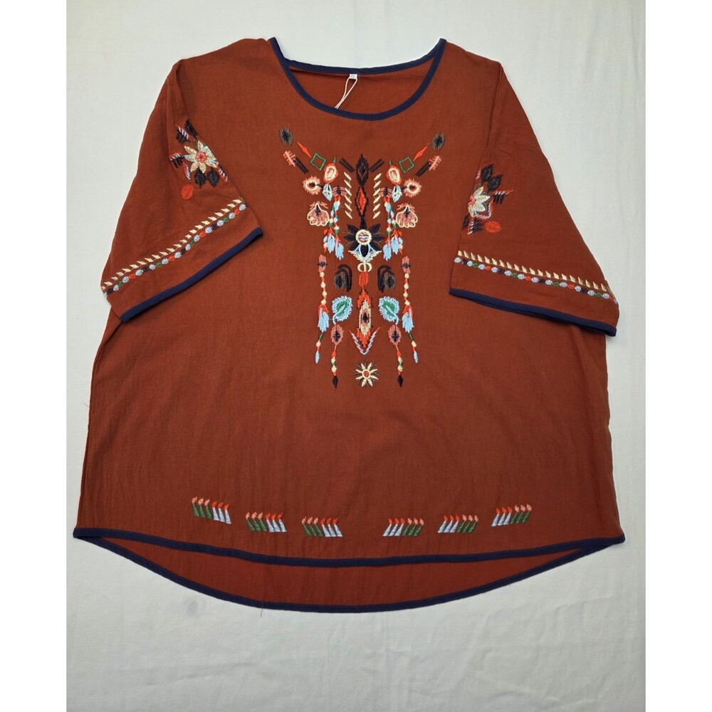 Tunic Top Womens XXL Rust Cotton Linen Embroider Peasant Boho Ethnic